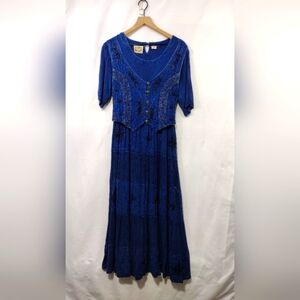 Vintage 24 Karat Embroidered Floral Dress Women's M/L Blue Boho Retro 90s Y2K
